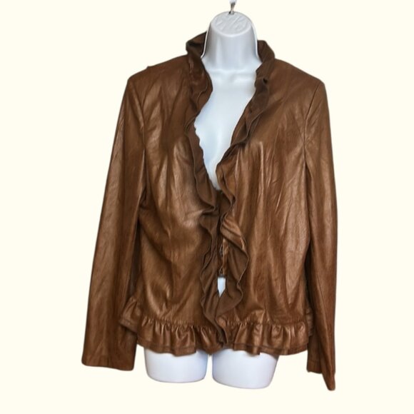 Lightweight Faux Brown Suede Ruffle Front Jacket Church Event Career Vibe - Picture 1 of 9